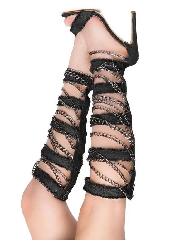 Cape Robbin Black Alza 77 Frayed Denim Spike Heel Chain Trim Gladiator Shoes 6 - Image 3