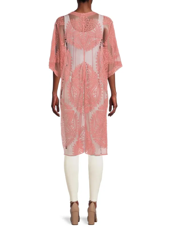 Time and Tru Dusty Rose Lace Kimono Cardigan Cover Up S/M Sheer Boho - Image 4