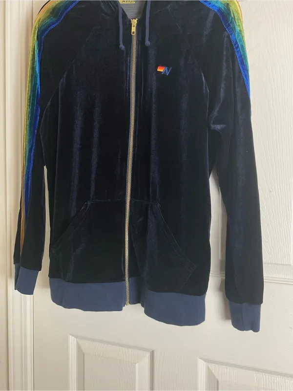 Aviator Nation Velvet Rainbow Stripe Zip-Up Hoodie Navy Blue Size Large - Image 4