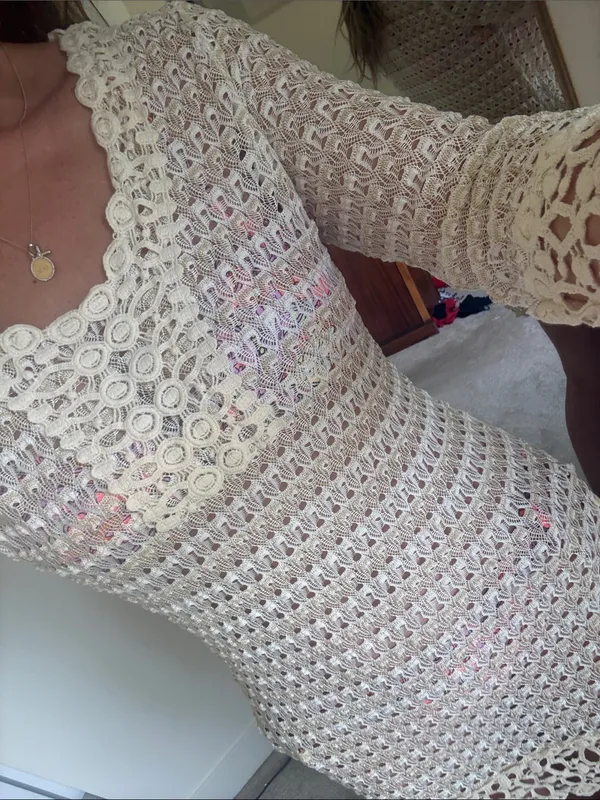 Revolve Crochet Lace Long Sleeve Mini Dress - Cream - Image 3