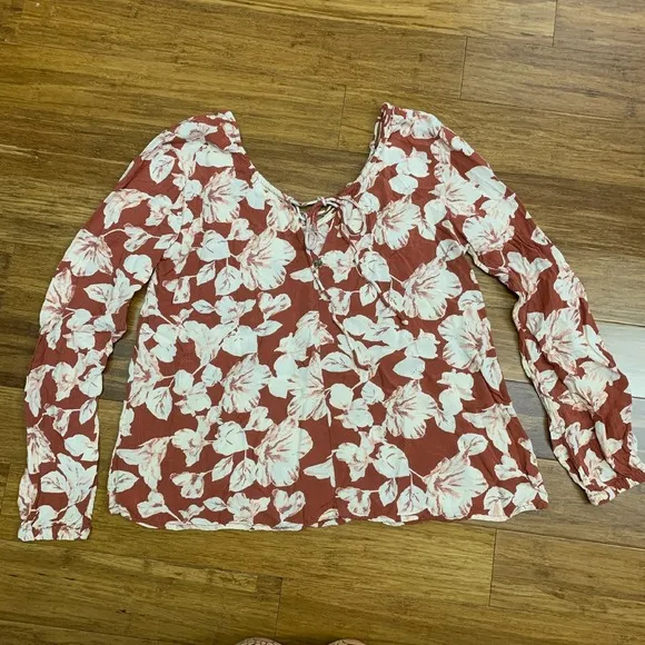 Billabong Winding Roads Top Womens‎ Small Floral Blouse Long Sleeve Tie Neck - Image 4