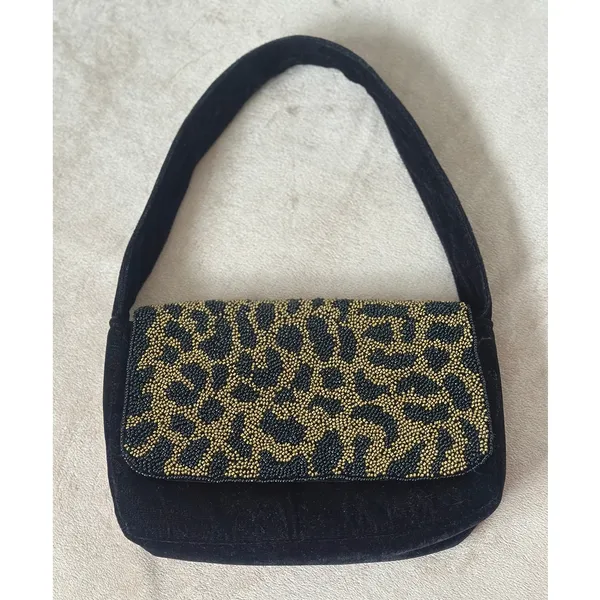 a new day Black and Gold Beaded Leopard Print Shoulder Bag Velvet Purse - Image 2