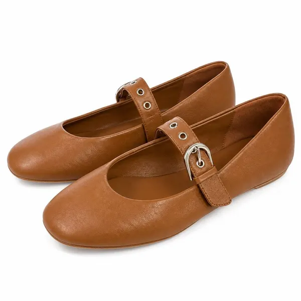 Quince Italian leather buckle Maryjane flats size 6 tan - Image 2