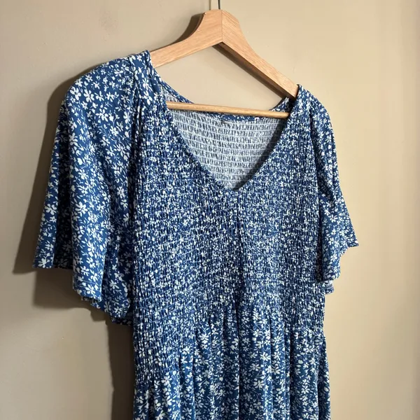 Unbranded Floral Smocked Maxi Dress 2XL Blue Womens Ruffle Tiered Flutter Sleeve - Image 2