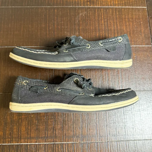 Sperry‎ Boat Shoes Women 9M Black Snakeskin Leather Canvas Songfish Loafers - Image 5