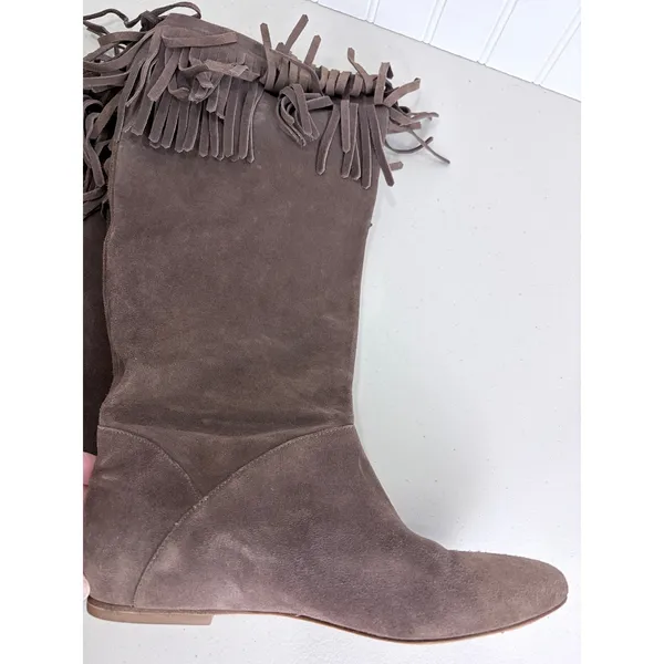 Daniblack Chocolate Brown Suede Fringe Collar Drawstring Tall Boot Flat 8.5M - Image 14