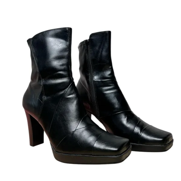 Skechers Black Faux Leather Square Toe‎ Heeled Booties Y2K Retro Women’s Size 10 - Image 2