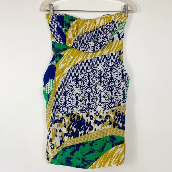 Forever 21 Tropical Strapless Yellow Blue Green Mini Dress Sundress Womens L - Image 3