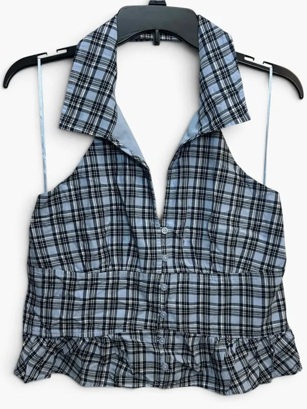Hollister Blue Plaid Halter Peplum Top Women’s M Button Front Ruffle Y2K - Image 3