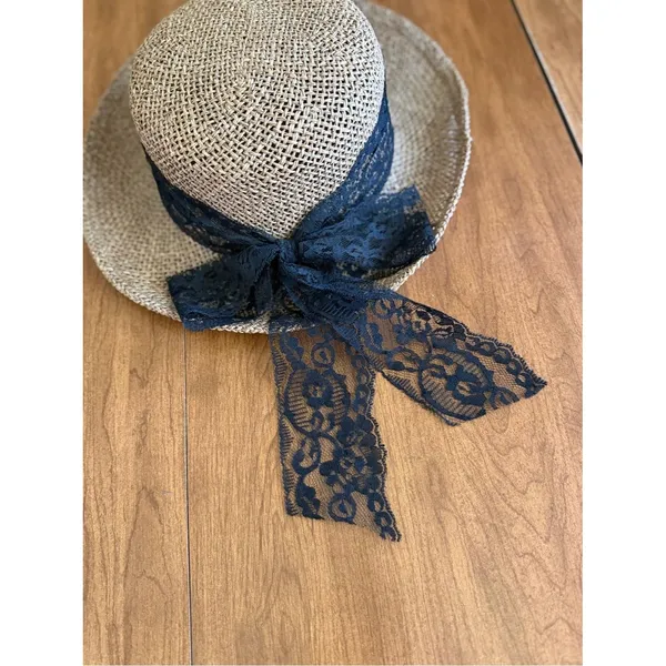 Vintage Straw Sun Hat With Black Lace Ribbon Cottagecore Wide Brim Hat - Image 9