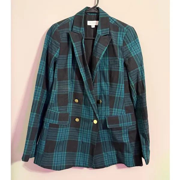Free Assembly Women's Plaid Double‎ Breasted Blazer Teal Black Gold Buttons XS - Image 3