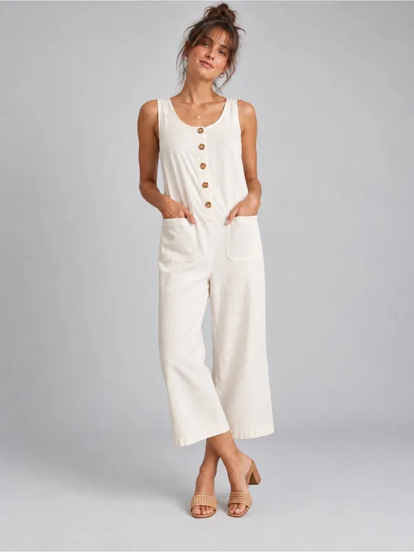 Marine Layer XS Ivory Sleeveless Button Front Wide Leg Cropped Jumpsuit Pockets - Image 9