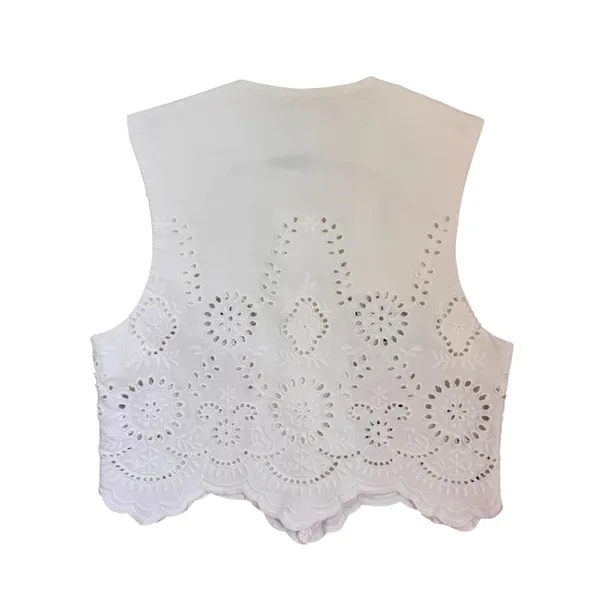 Zara Embroidered Eyelet Vest Top Womens S‎ White Cotton Scalloped Gold Buttons - Image 2