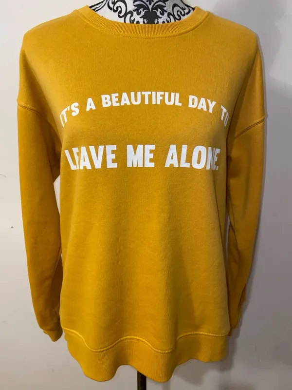 Bluenotes Boyfriend Fit Yellow 'Leave Me Alone' Crewneck Sweatshirt Size Medium - Image 2
