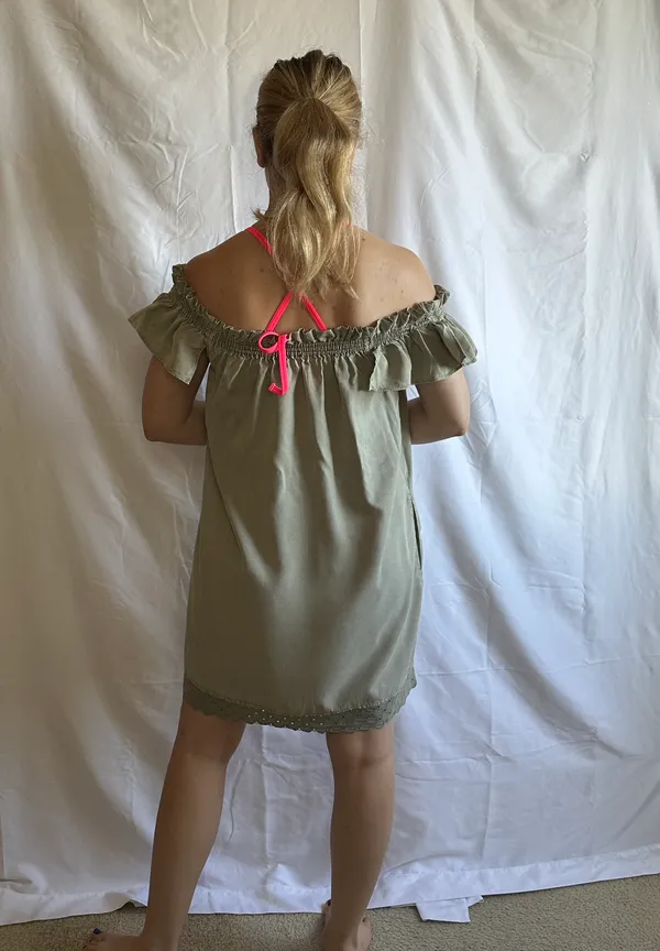 Smocked Off Shoulder Mini Dress - Army Green - S - Image 2