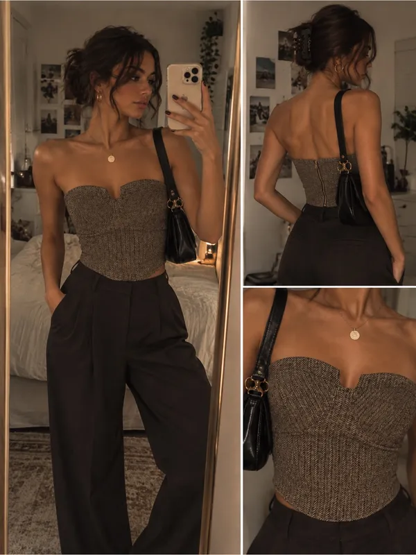 PrettyLittleThing Brown Tweed Strapless Bustier Top - Image 2