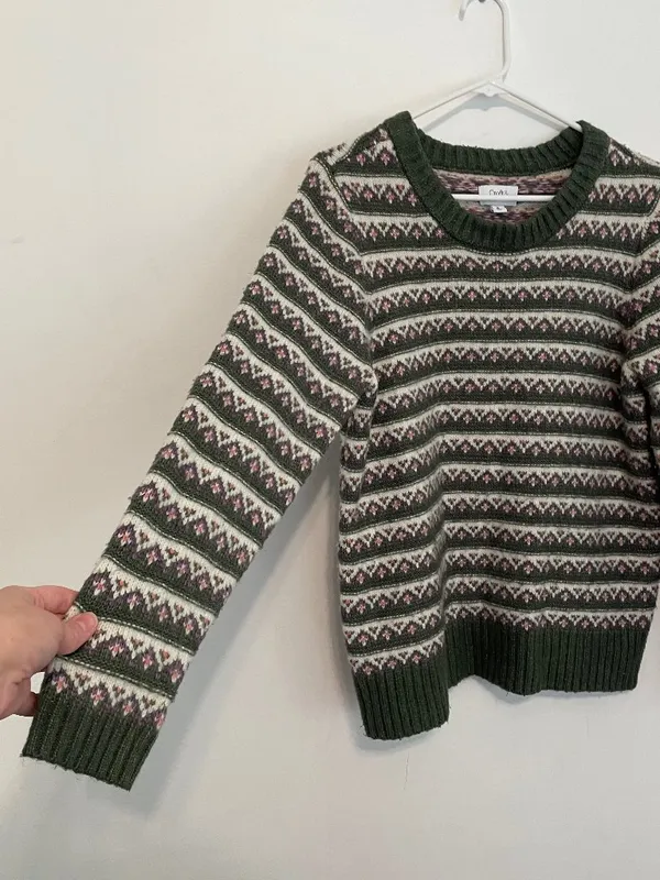 CROFT & BARROW Extra Cozy Sweater Olive Green White Fair Isle Geometric Hearts M - Image 7