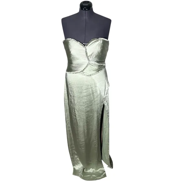 NEW Meshki Sage Green Ruched Petals Larissa Strapless Satin Maxi Dress - Image 3
