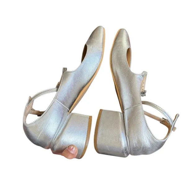 Peche Nico Heels Silver Size‎ US 7.5 /8 Mary Jane Style Strap Small Heel - Image 8
