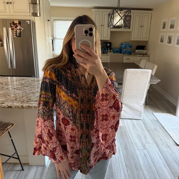Umgee + XL Boho Patchwork Print Peasant Blouse Top Tie Neck Long Sleeve - Image 2