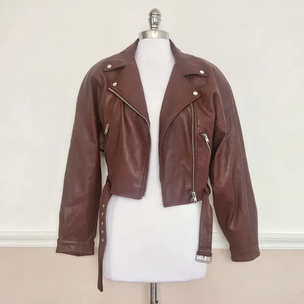 Lamarque Women's Mahogany Brown Dani Moto Jacket Large Cropped Belted Fall - Image 3