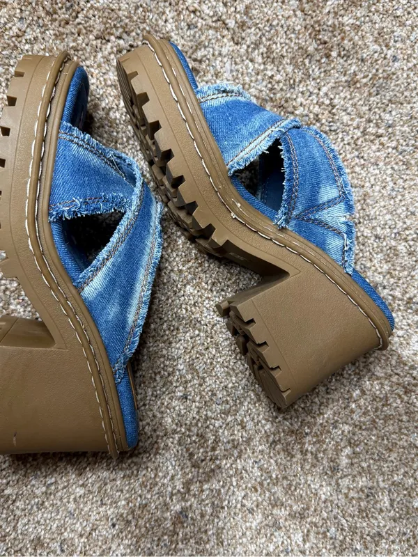 Delia's by Dolls Kill Star Worthy Cross Strap Slides 7 Denim Block Heel Sandals - Image 7