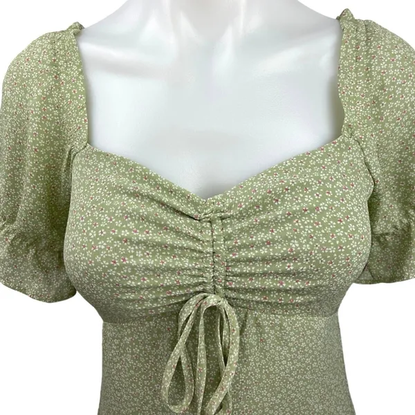 Bohme Green Floral Cinched Tie Puff Sleeve Smocked Mini A-Line Sun Dress Size XS - Image 3