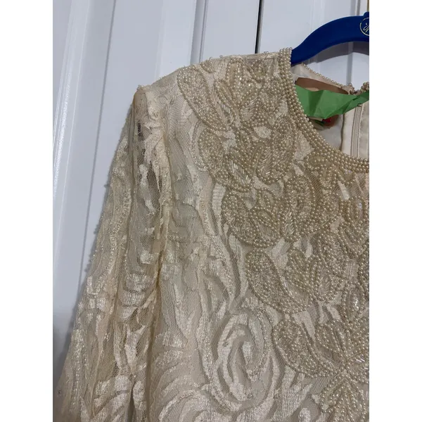 Vintage Maxi‎ Dress Lace Beaded Cream Elegant Evening Gown 80s 90s OS - Image 7