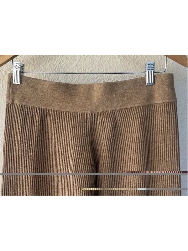 FRAME Camel Ribbed Knit Flare Wide Leg Pants L High Waist Pull On Lounge Stretch - Image 6