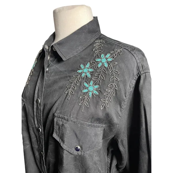THE KOOPLES Women’s Black Acid Wash Beaded Snap Front Western Shirt - Image 4