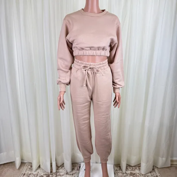 Zenana 2 Pcs Crop Sweatshirt Tracksuit Jogger Pants Set Outfit Active Loungewear Pale Peach Size Large - Image 2