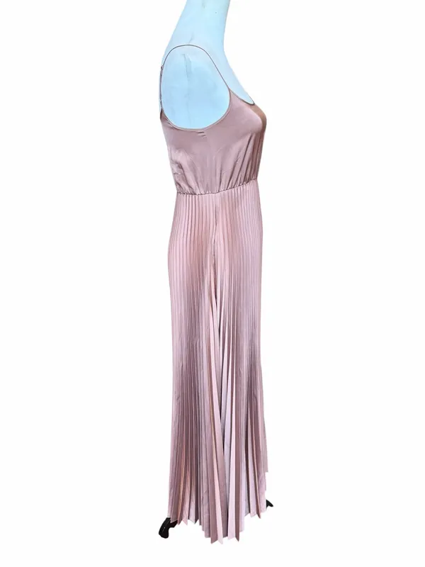 All Saints Pleated Satin Dress Size XS Brown Sleeveless Square Neck Maxi Pockets - Image 2