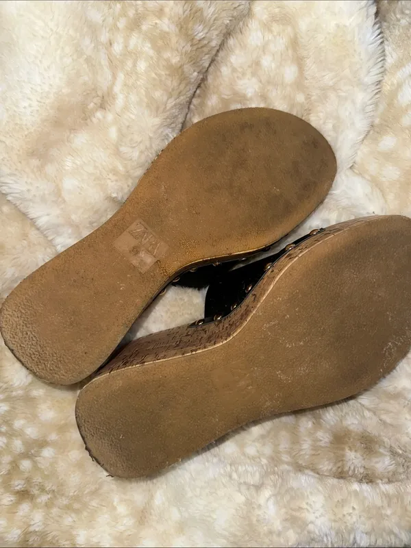 Zara Black Leather Cork-Platform Wedge Slides with Gold Studs - Image 6