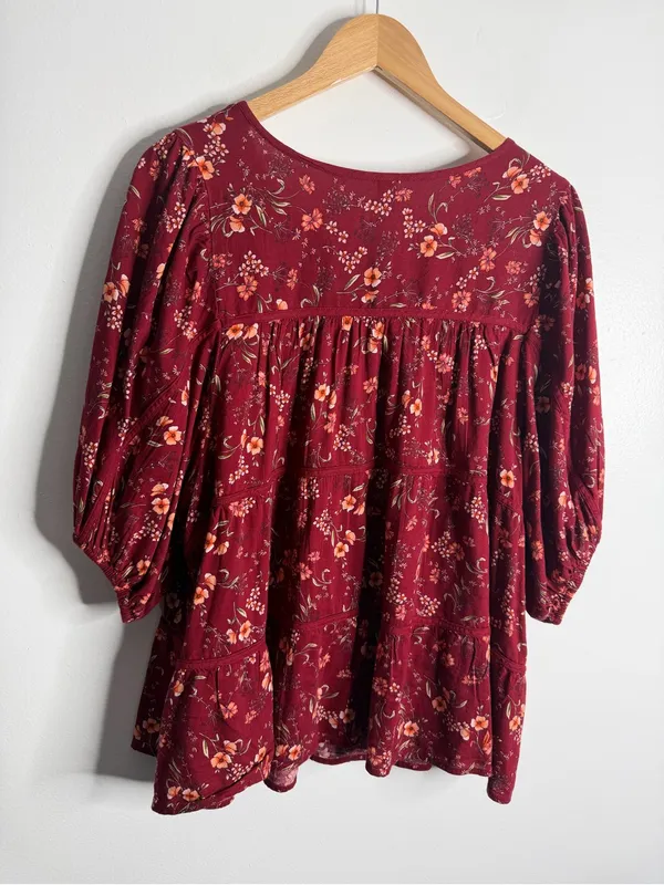 Old Navy Puff-Sleeve Floral Tiered‎ Swing Boho Top Burgundy Floral XXL Flowy - Image 3