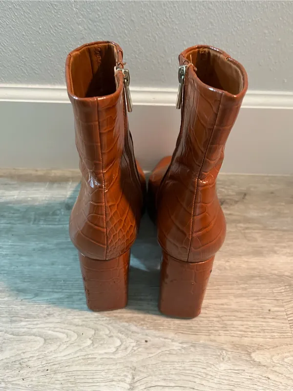 ASOS Croc-Embossed Block Heel Ankle Boots - Brown - Image 7