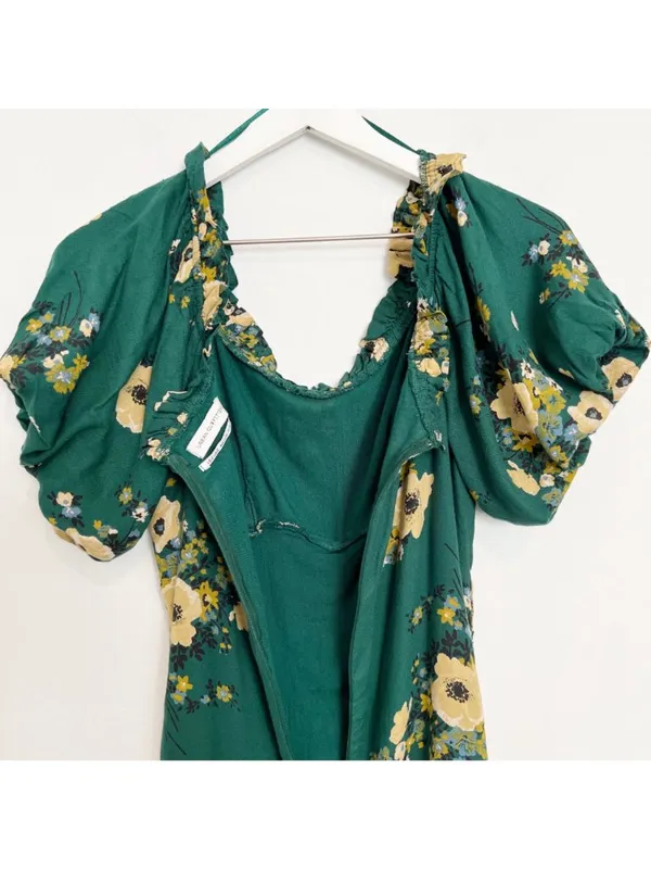 Urban Outfitters Dress Size 2 Green Floral Puff Sleeve Off Shoulder Mini Cottage - Image 9