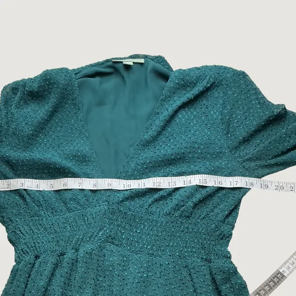 Ryegrass Hunter Green Clip Dot Smocked Tiered Maxi Dress Small VNeck Long Sleeve - Image 6