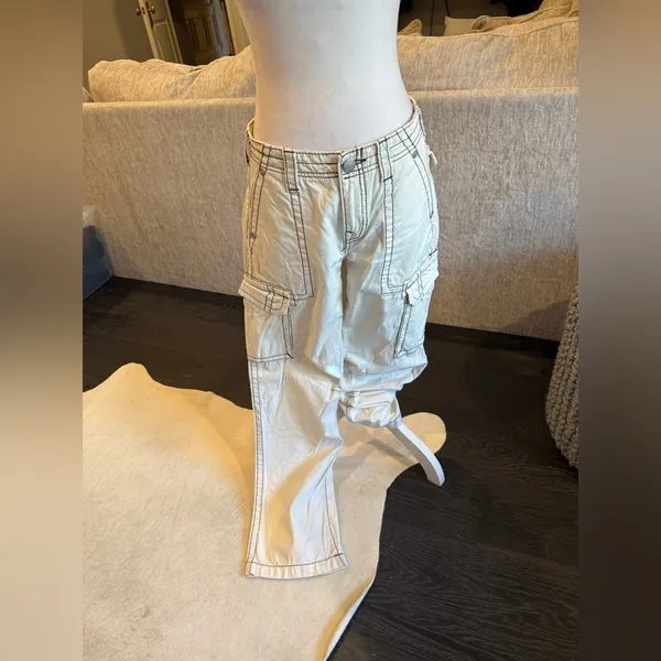 True Religion Cream Cargo Pants with Stitch Detailing - Image 2
