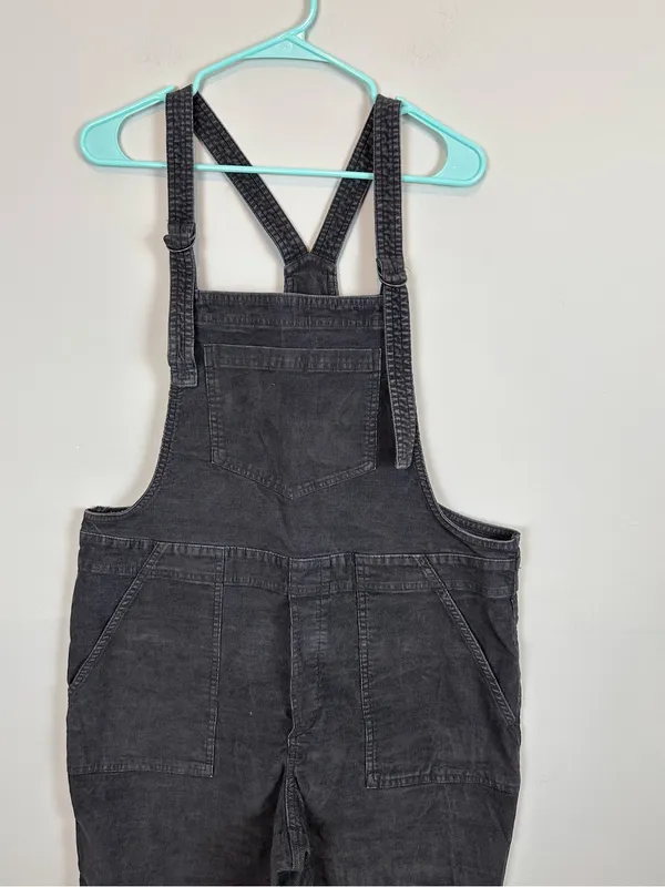 Aerie Corduroy Overalls Women Large Charcoal Gray Relaxed Straight Leg Raw Hem - Image 4