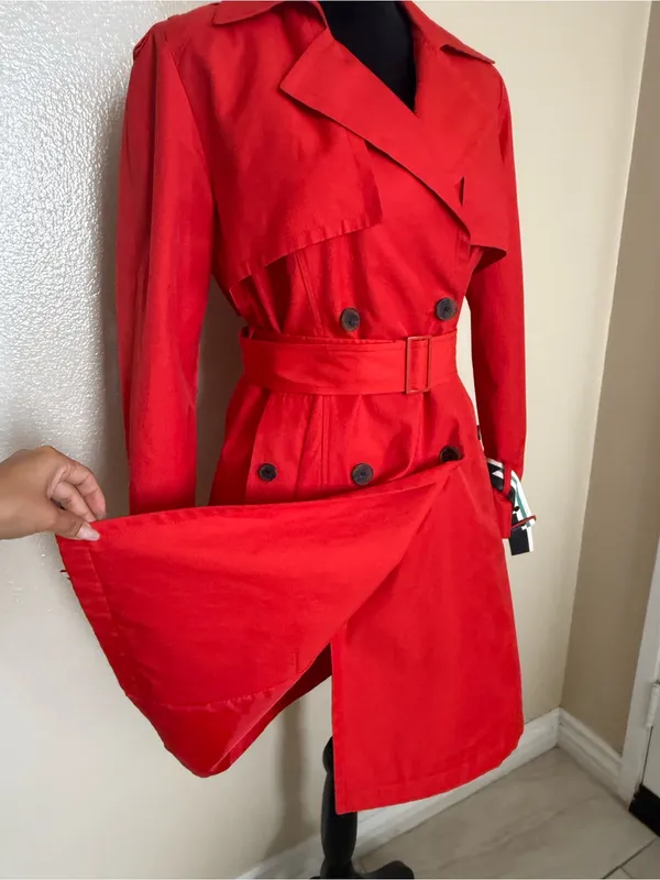VIKI Red Trench Coat Womens 55 S Belted Double Breasted Korean Fashion NWOT - Image 4