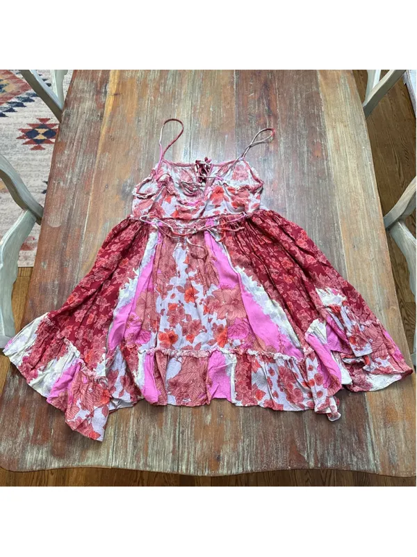 Free People Intimately Floral Patchwork Strappy Mini Dress XS Pink Red Flowy - Image 10