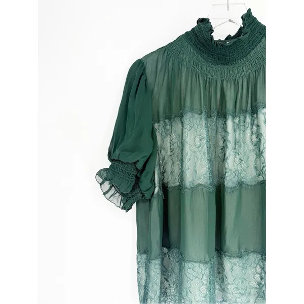 Anthropologie High Neck Lace Swing Blouse Women's S Green Romantic‎ - Image 4