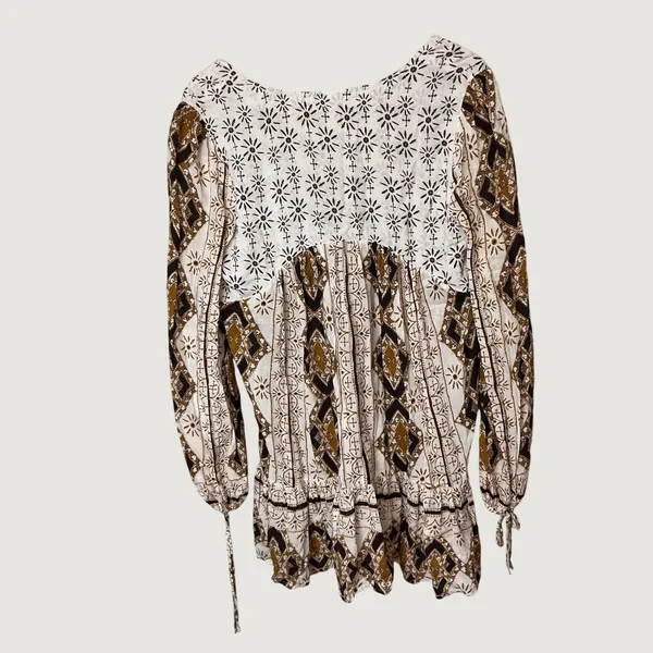 Free People Mixed Print V-Neck Tunic Mini Dress Brown Cream Mustard Size M - Image 4