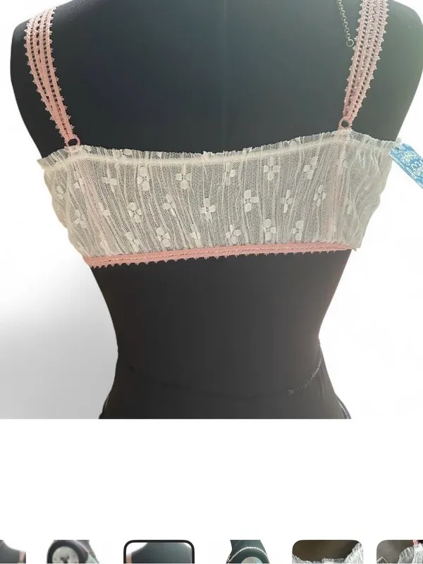 Free People Ivory Lace Bralette with Pink Trim and Mint Rose Accent - Image 4