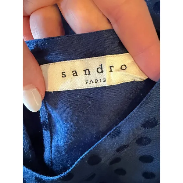 Sandro Polka Dot Poplin Dress Women Small Blue Bell‎ Sleeve Pleated Retro Luxury - Image 8