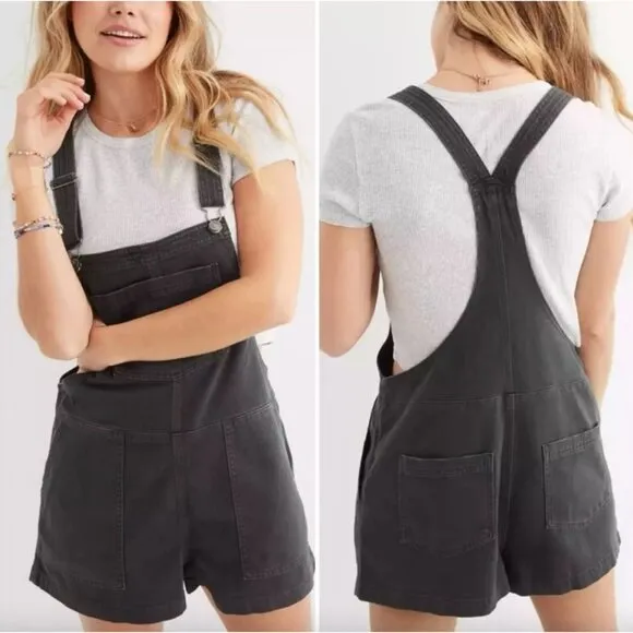 Aerie Werk and Play Denim Short Overalls TAN KHAKI Womens Size XS - Image 2