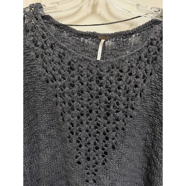 Free People Pretty Pointelle Vee Sweater Small Charcoal Oversized Open Knit - Image 9