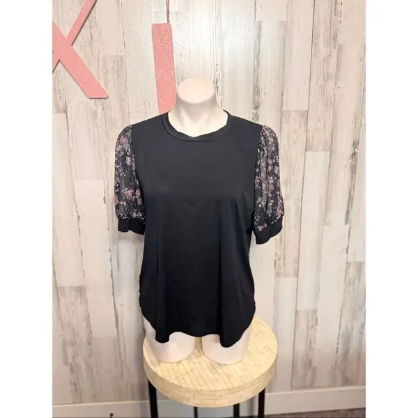 Alison Andrews Black Top XL Floral Puff Sleeve Blouse Stretchy Casual Workwear N - Image 2