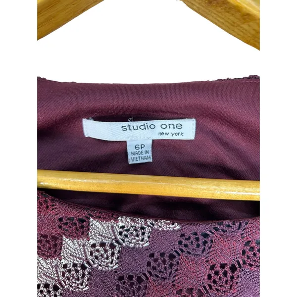 Studio One Women’s 6P Burgundy Lace Fit & Flare Belted Dress Petite - Image 6