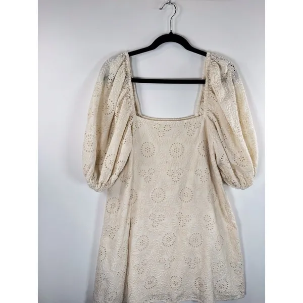 Jen's Pirate Booty Womens Dress Beige Mini Eyelet Puffed Babydoll A Line Small - Image 6